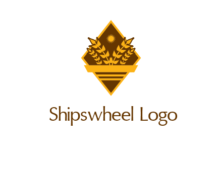 wheat stalks and sun in rhombus with ribbon agriculture logo