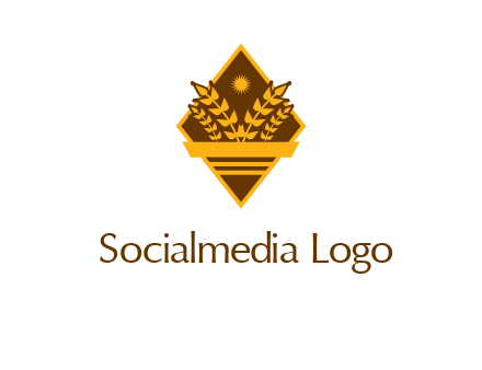 wheat stalks and sun in rhombus with ribbon agriculture logo