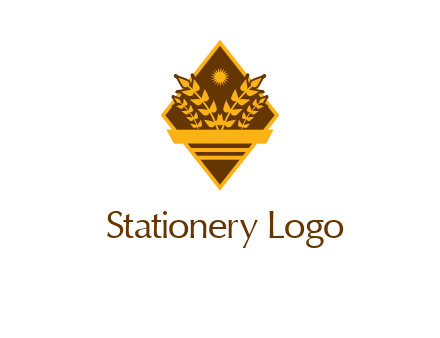 wheat stalks and sun in rhombus with ribbon agriculture logo
