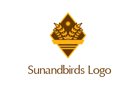wheat stalks and sun in rhombus with ribbon agriculture logo
