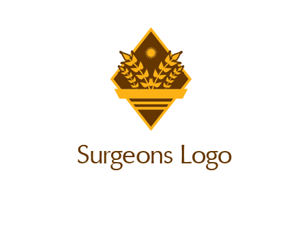 wheat stalks and sun in rhombus with ribbon agriculture logo