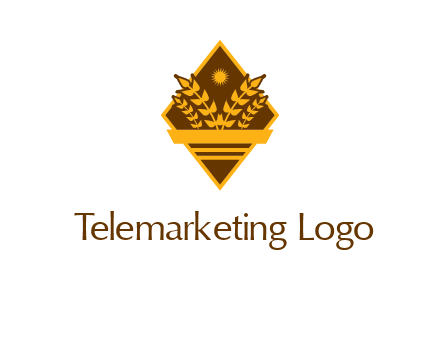 wheat stalks and sun in rhombus with ribbon agriculture logo