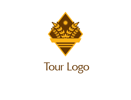 wheat stalks and sun in rhombus with ribbon agriculture logo