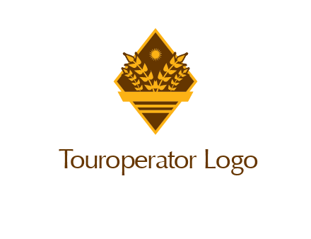 wheat stalks and sun in rhombus with ribbon agriculture logo