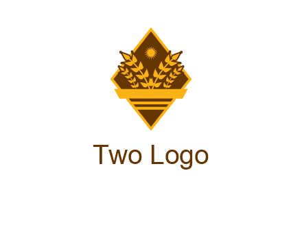 wheat stalks and sun in rhombus with ribbon agriculture logo