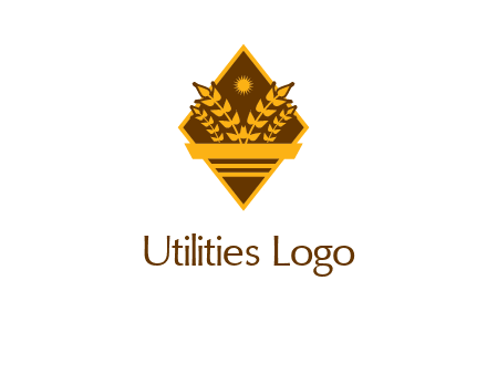 wheat stalks and sun in rhombus with ribbon agriculture logo