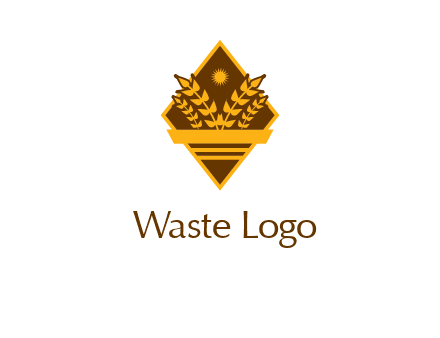 wheat stalks and sun in rhombus with ribbon agriculture logo