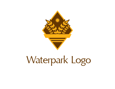 wheat stalks and sun in rhombus with ribbon agriculture logo