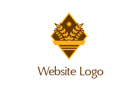 wheat stalks and sun in rhombus with ribbon agriculture logo