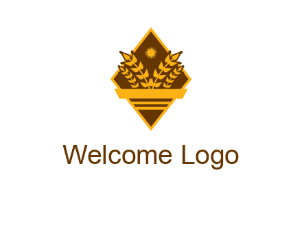 wheat stalks and sun in rhombus with ribbon agriculture logo