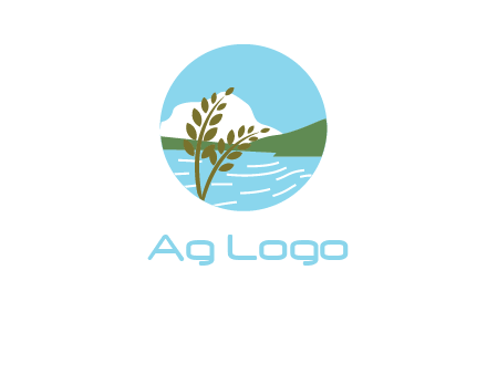 wheat stalk and river running against hills in circle agriculture logo