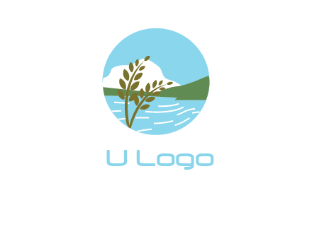 wheat stalk and river running against hills in circle agriculture logo