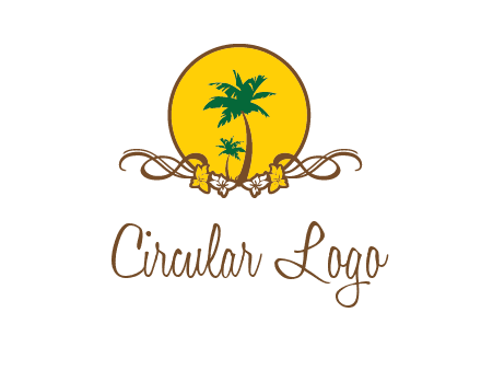 palm trees in circle with flowers and ribbons travel logo