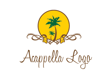 palm trees in circle with flowers and ribbons travel logo