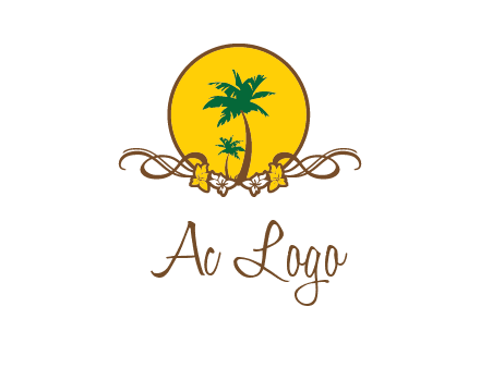 palm trees in circle with flowers and ribbons travel logo