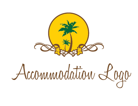 palm trees in circle with flowers and ribbons travel logo