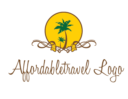 palm trees in circle with flowers and ribbons travel logo