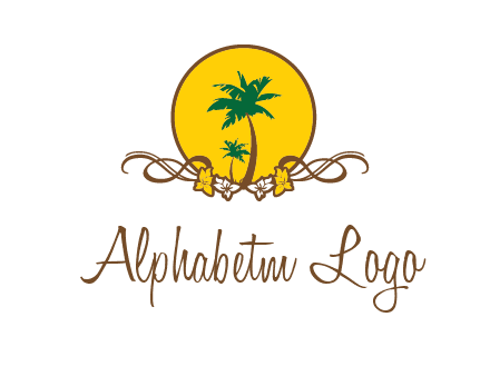 palm trees in circle with flowers and ribbons travel logo