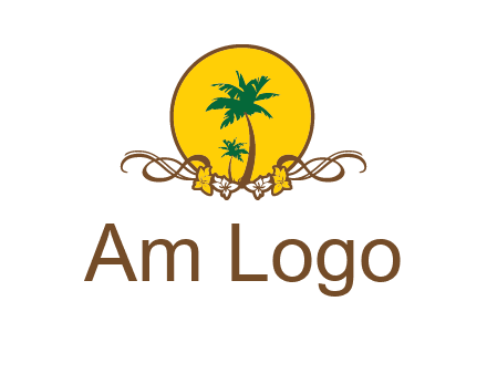 palm trees in circle with flowers and ribbons travel logo