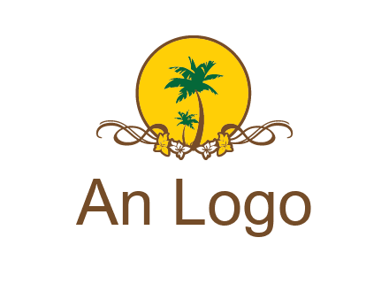 palm trees in circle with flowers and ribbons travel logo