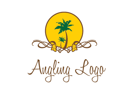 palm trees in circle with flowers and ribbons travel logo