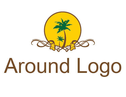 palm trees in circle with flowers and ribbons travel logo