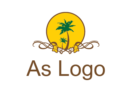 palm trees in circle with flowers and ribbons travel logo