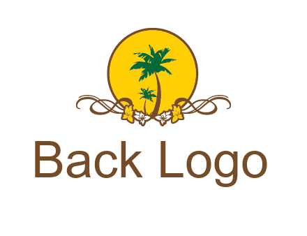 palm trees in circle with flowers and ribbons travel logo