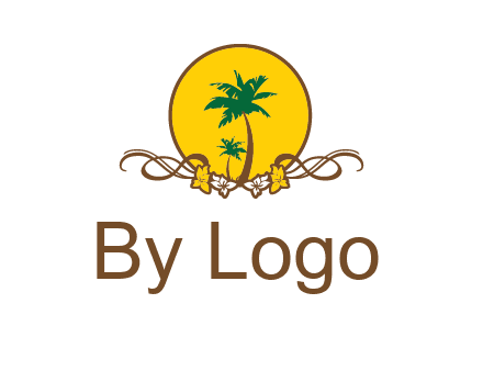 palm trees in circle with flowers and ribbons travel logo