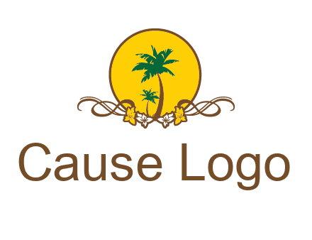 palm trees in circle with flowers and ribbons travel logo