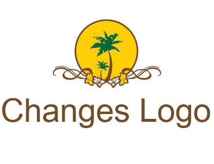 palm trees in circle with flowers and ribbons travel logo