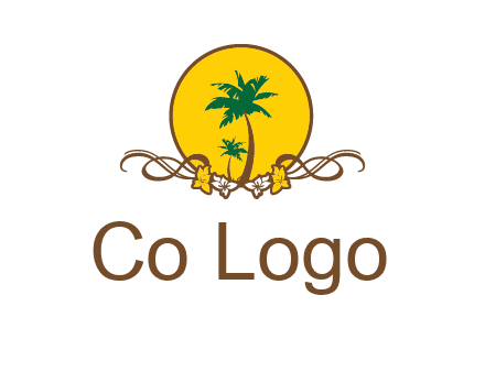 palm trees in circle with flowers and ribbons travel logo