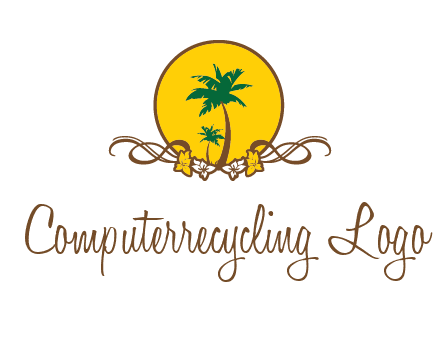 palm trees in circle with flowers and ribbons travel logo