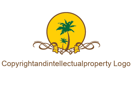 palm trees in circle with flowers and ribbons travel logo