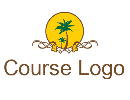 palm trees in circle with flowers and ribbons travel logo