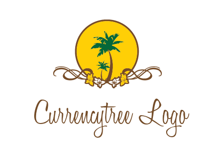 palm trees in circle with flowers and ribbons travel logo