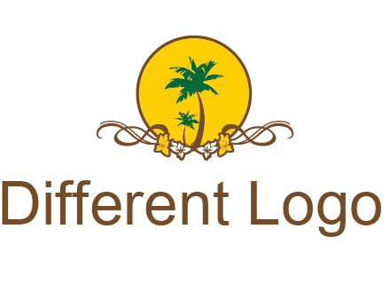 palm trees in circle with flowers and ribbons travel logo