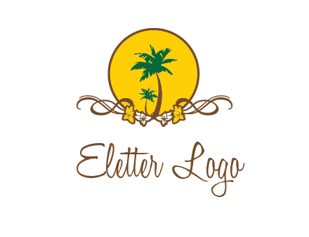 palm trees in circle with flowers and ribbons travel logo