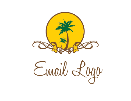 palm trees in circle with flowers and ribbons travel logo