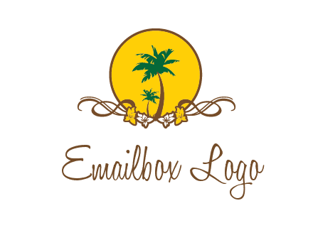 palm trees in circle with flowers and ribbons travel logo