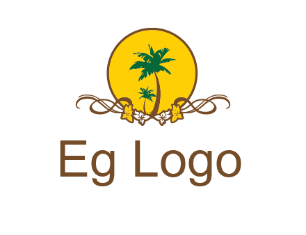 palm trees in circle with flowers and ribbons travel logo