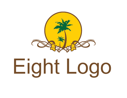 palm trees in circle with flowers and ribbons travel logo