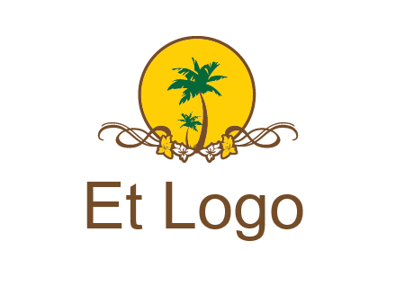 palm trees in circle with flowers and ribbons travel logo