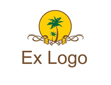 palm trees in circle with flowers and ribbons travel logo