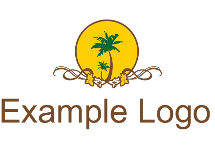 palm trees in circle with flowers and ribbons travel logo
