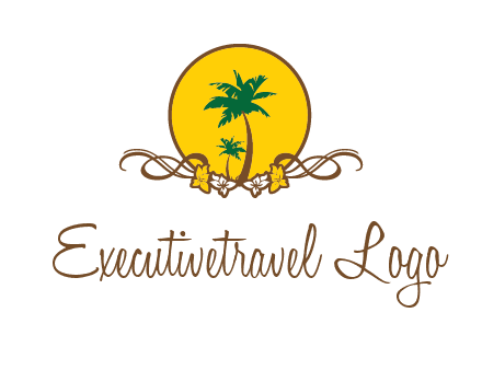 palm trees in circle with flowers and ribbons travel logo