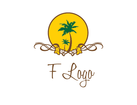 palm trees in circle with flowers and ribbons travel logo