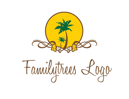 palm trees in circle with flowers and ribbons travel logo