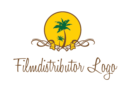 palm trees in circle with flowers and ribbons travel logo