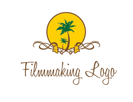 palm trees in circle with flowers and ribbons travel logo